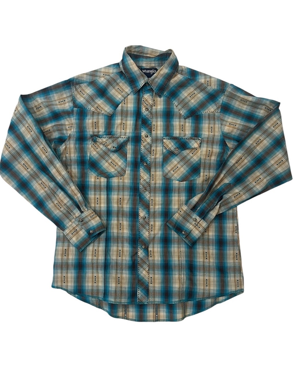 Wrangler Teal and Tan Plaid Western Button-Down Shirt